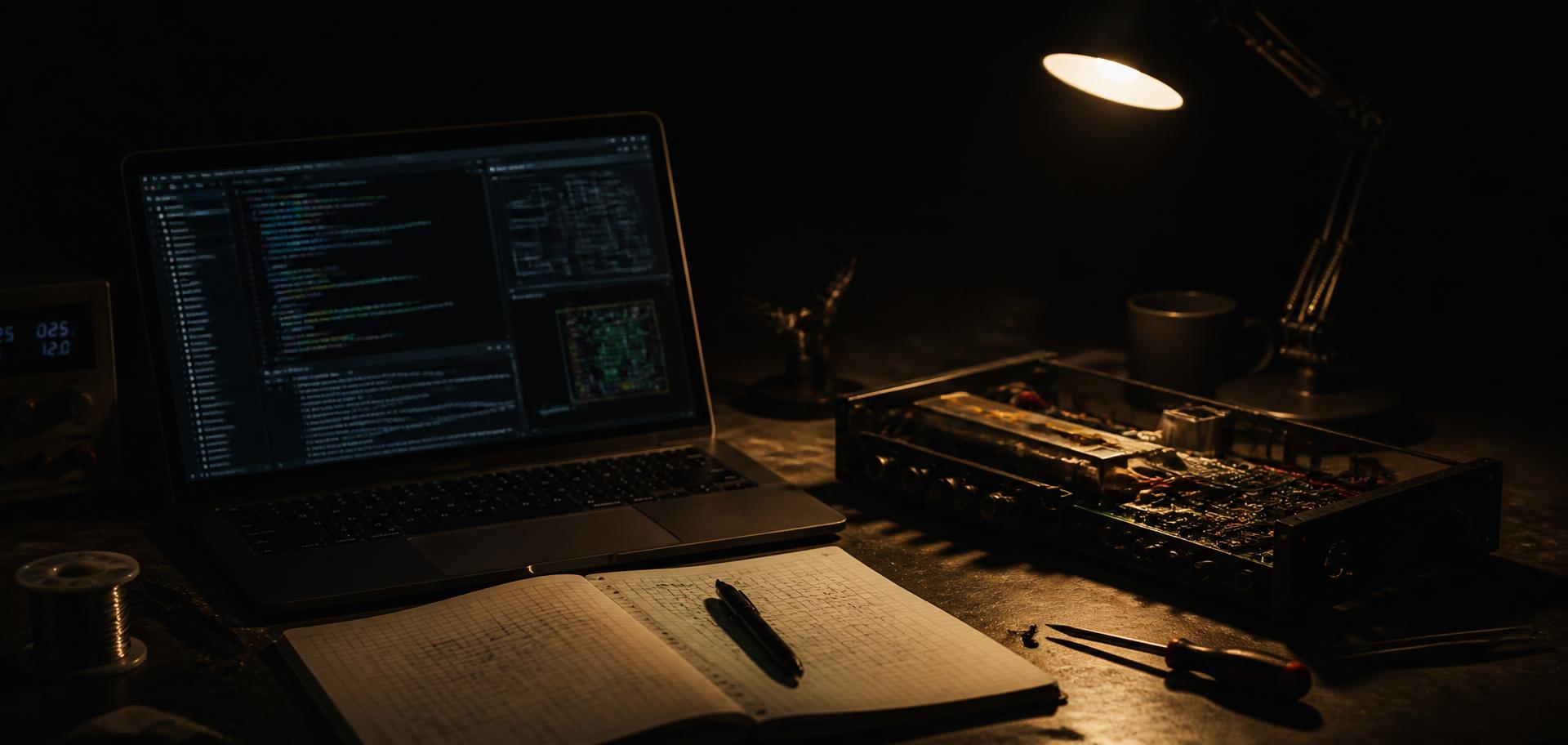 A lab bench with a laptop, schematic drawings and a half-built device under a single warm spotlight